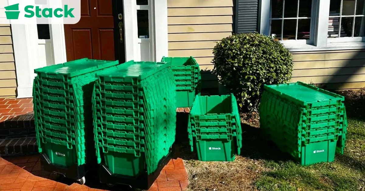 Stacked reusable plastic moving bins ready for delivery