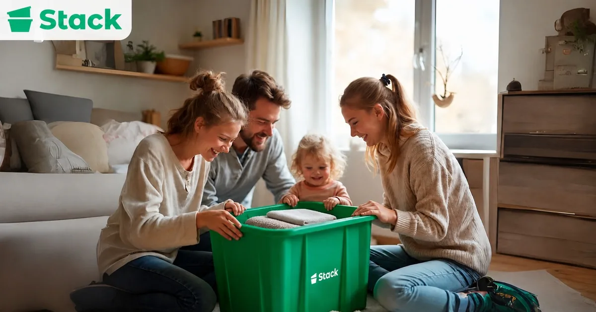 A family packing a reusable Stack moving bin