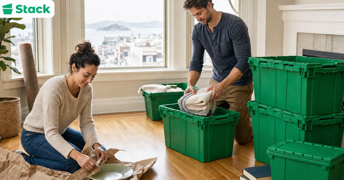 Couple packing their San Francisco apartment into green reusable Stack moving bins, one wrapping a plate in packing paper while the other places folded towels into a bin by the bay window