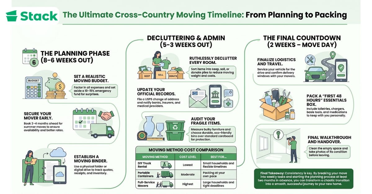 The Ultimate Cross-Country Moving Timeline: From Planning to Packing Infographic of a cross-country moving timeline: the planning phase eight to six weeks out with budget, mover booking and moving binder, decluttering and admin five to three weeks out with change of address and fragile items, and the final countdown from two weeks to move day with logistics, essentials box and walkthrough