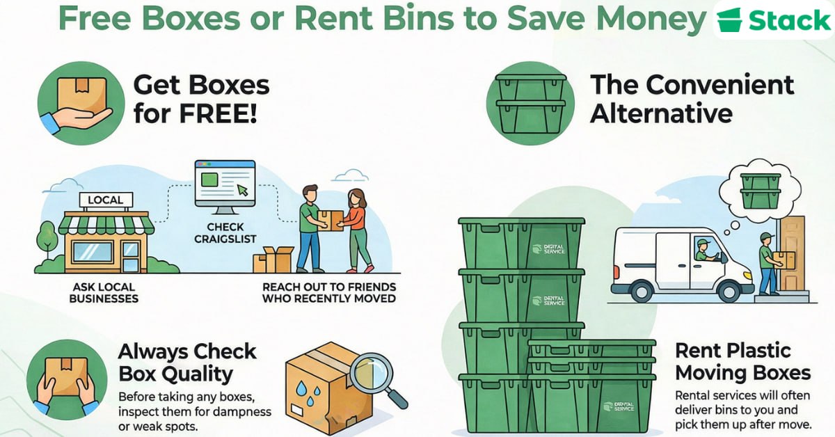Infographic showing two ways to save money on moving boxes: getting free cardboard boxes from local businesses and renting reusable plastic moving bins with delivery and pickup.