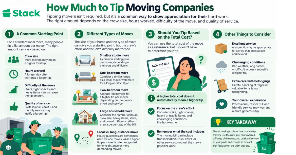 Infographic on how much to tip moving companies, covering a common starting point based on crew size, hours worked, difficulty and service, tipping by type of move from a studio to a large household or long-distance move, why a higher total moving cost does not automatically mean a higher tip, and other things to consider such as excellent service and challenging conditions