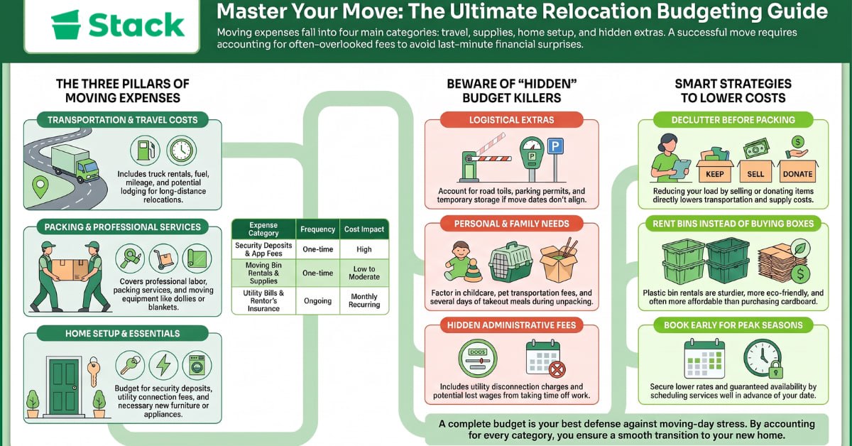 Infographic breaking down moving expenses into transportation, packing, home setup and hidden budget killers