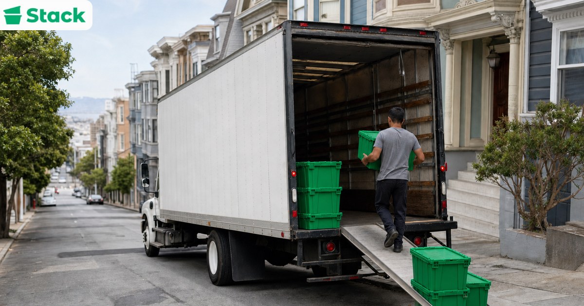 Mover carrying a green reusable Stack moving bin up the ramp of a white moving truck parked on a hilly San Francisco street lined with Victorian houses