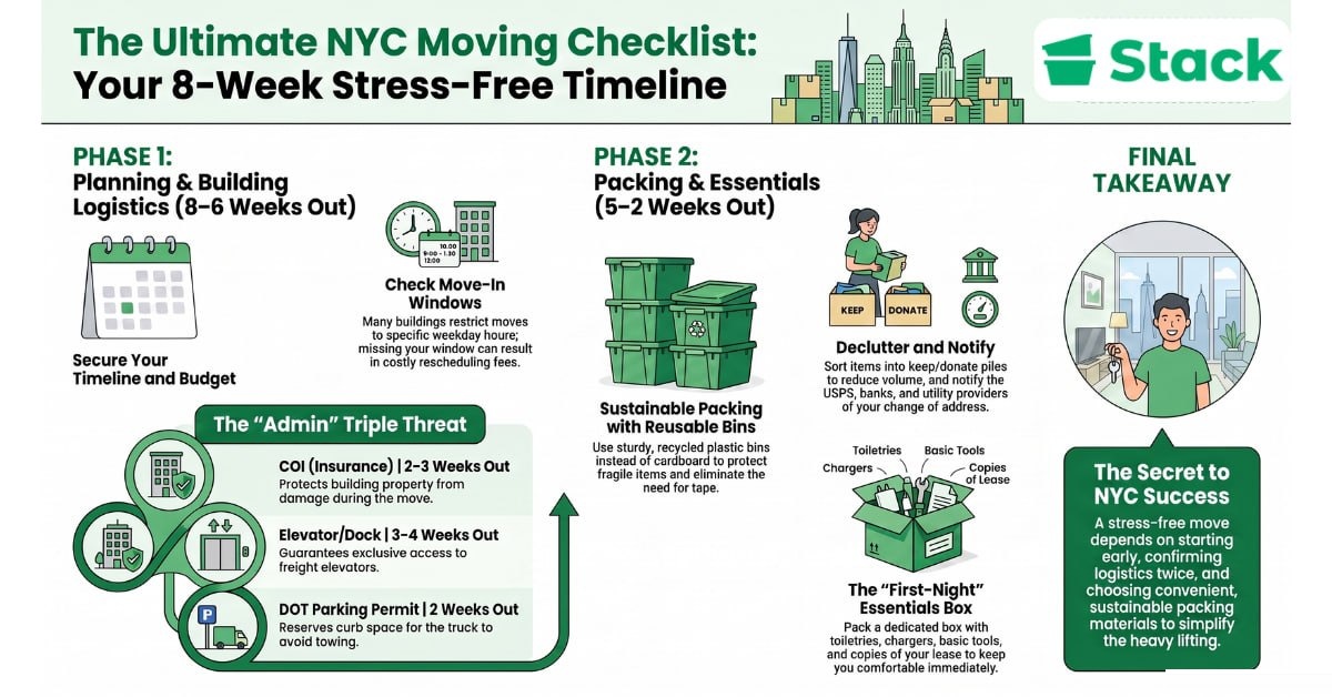 The Ultimate NYC Moving Checklist: Your 8-Week Stress-Free Timeline Infographic of an eight-week NYC moving timeline: planning and building logistics from eight to six weeks out, the certificate of insurance, elevator and dock booking and DOT parking permit, then packing and essentials from five to two weeks out