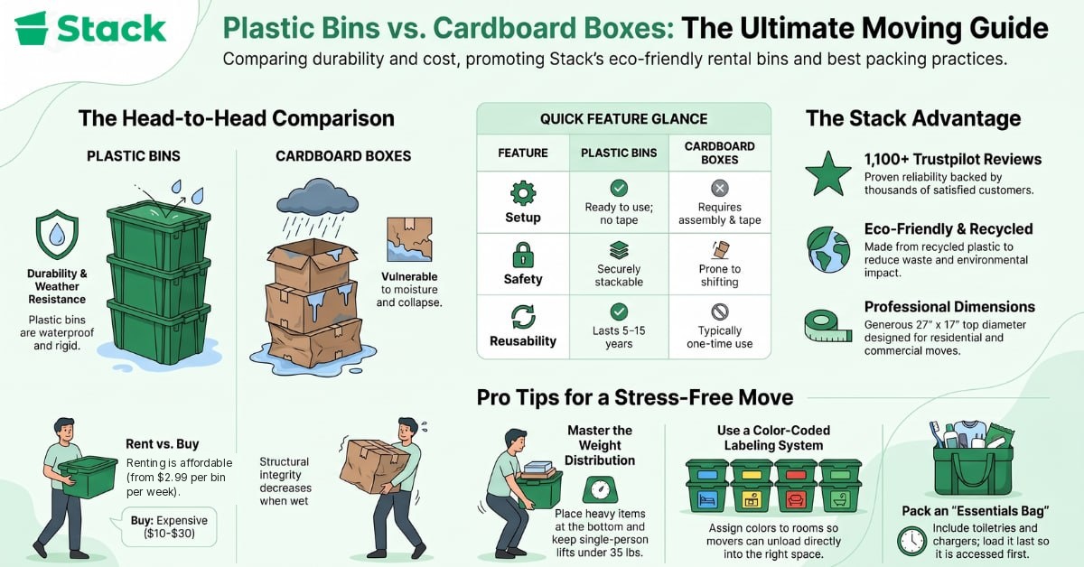 Plastic bins vs. cardboard boxes infographic comparing durability, safety, reusability and packing tips for moving