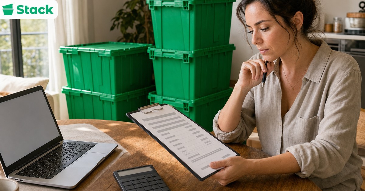 Woman at a kitchen table reviewing a moving estimate on a clipboard beside a laptop and calculator, with green reusable Stack moving bins stacked behind her