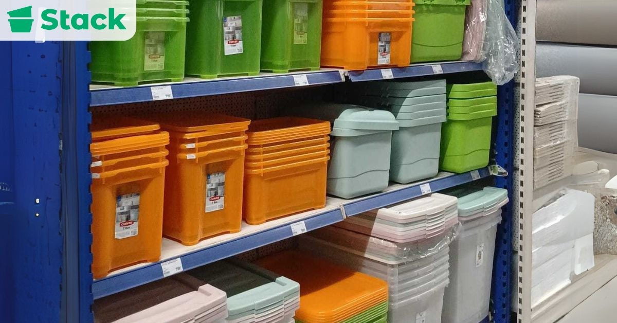 Types of Storage Containers for Moving Stacks of plastic storage bins and totes in different colors on store shelves