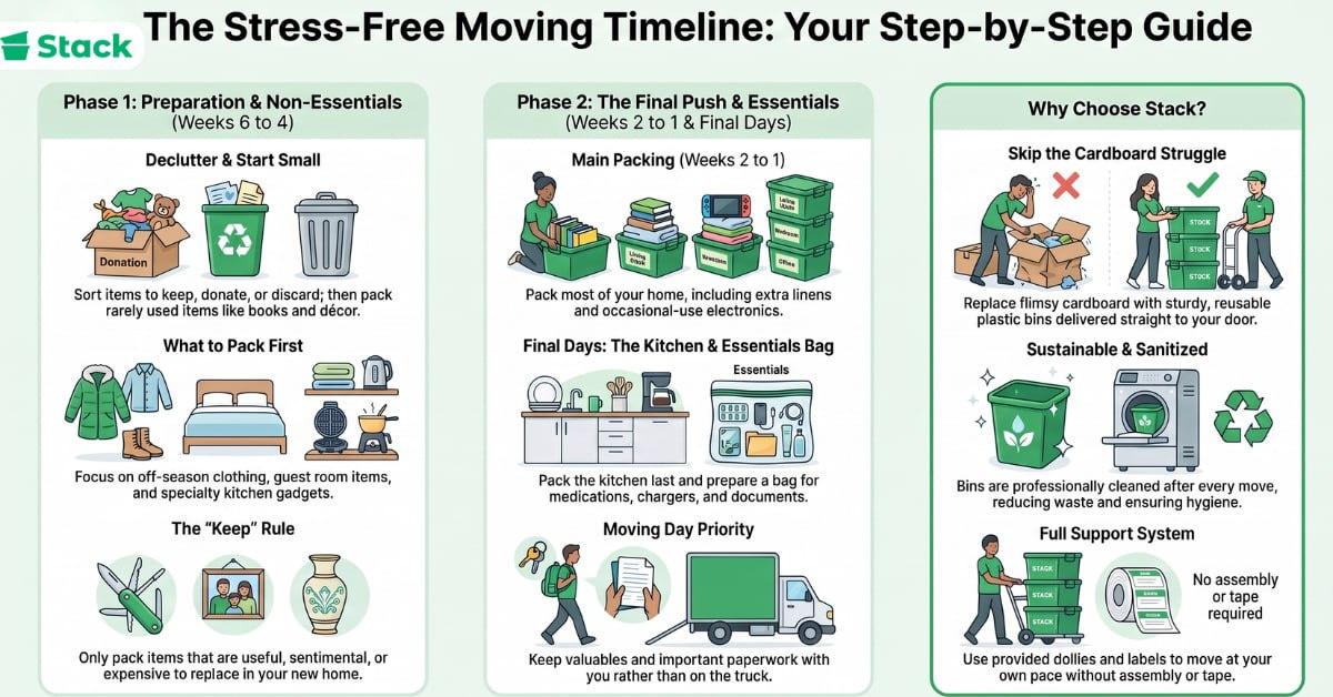 Moving packing timeline infographic showing what to pack each week, from six weeks before the move through moving day